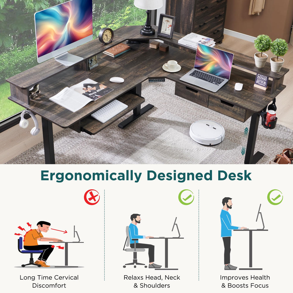 Electric L Shaped Standing Desk, 60" Motor Height Adjustable Sit Stand Corner Desk with Led, Large Home Office Desk