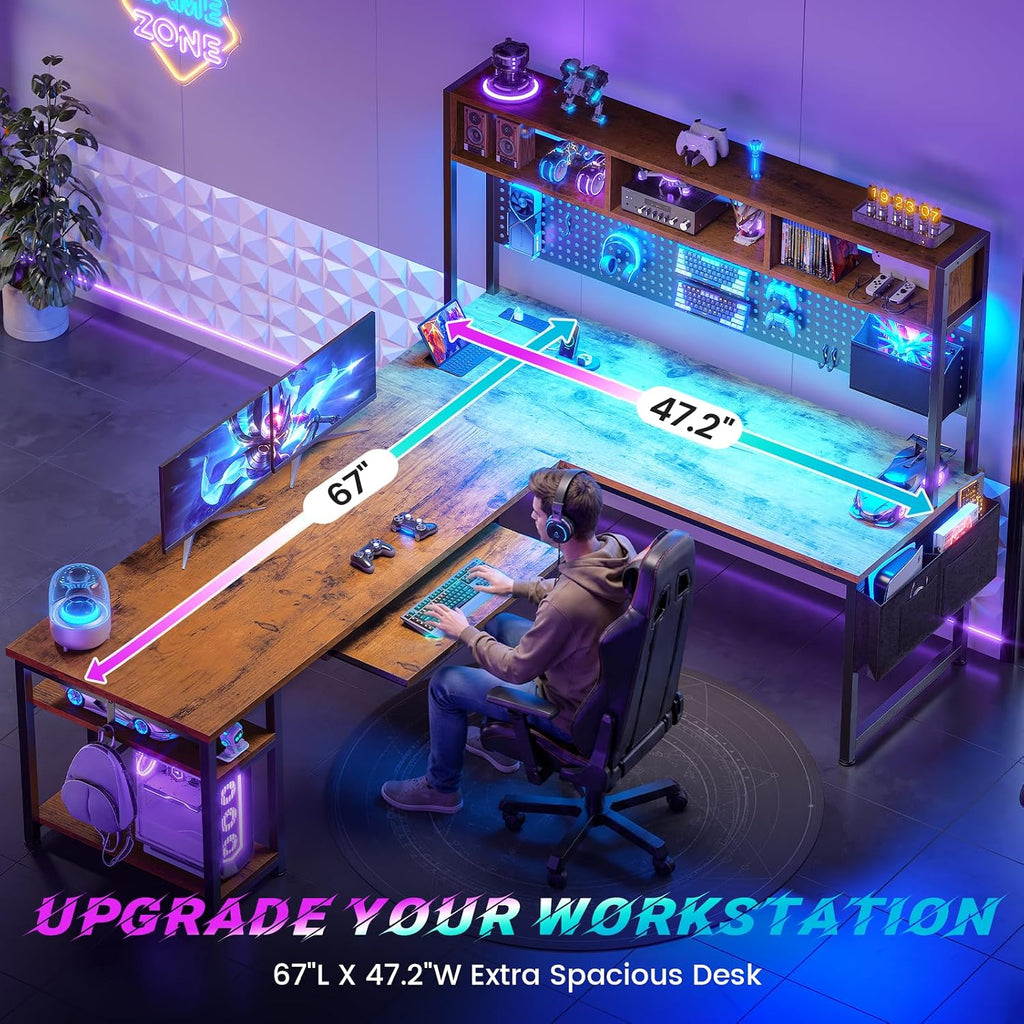L Shaped Computer Desk, Reversible Corner Desk with Power Outlet | Gaming Desk with Pegboard, Led Lights, Keyboard