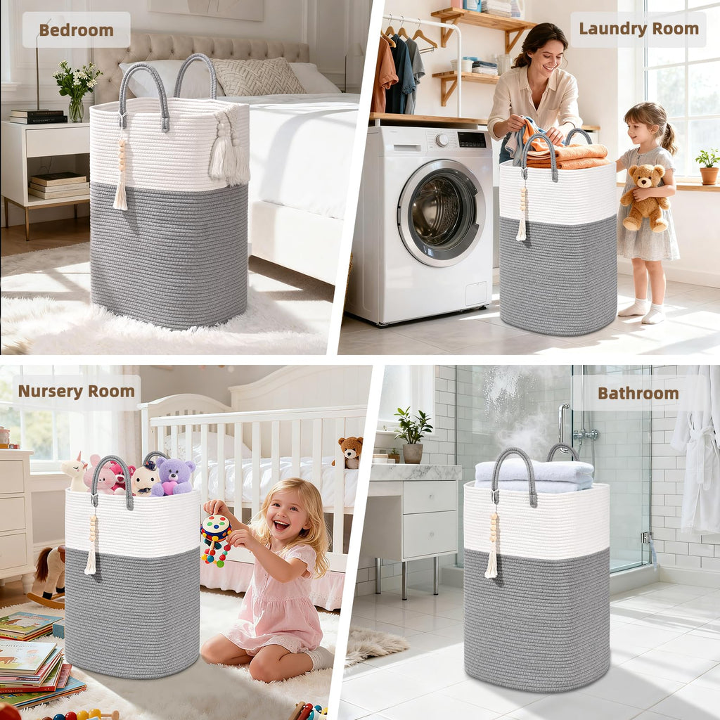Woven Laundry Basket for Clothes, 65L Large Rectangle Laundry Hampers with Beads Tassel, Nursery Storage Basket for