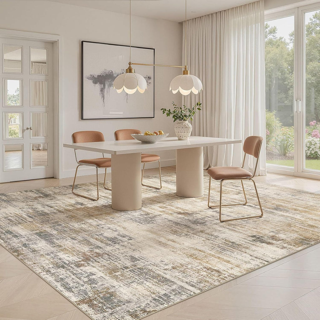 8x10 Washable Area Rug for Living Room: Modern Neutral Abstract Large Soft Low Pile Carpet Non-Slip Pet Kids Friendly