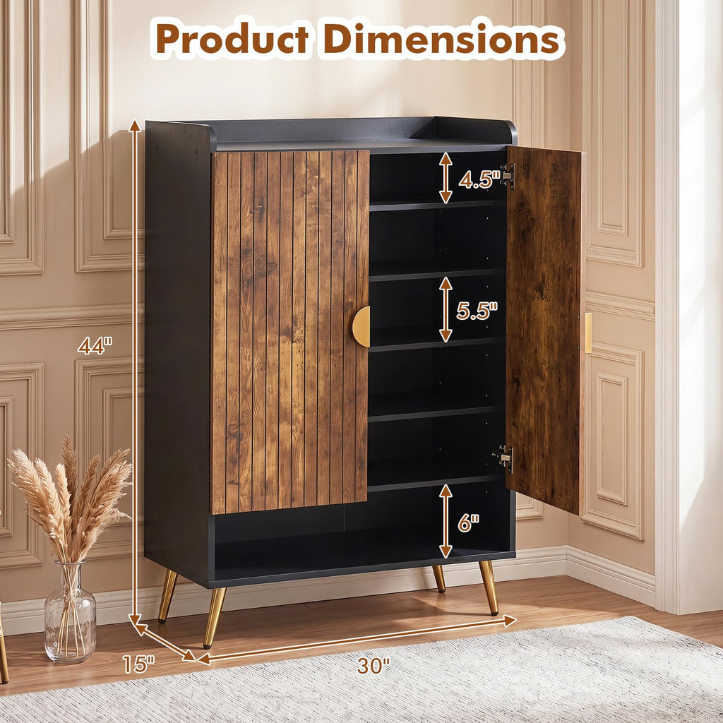 Shoe Storage Cabinet with Doors, Adjustable Shelves, Rustic Brown