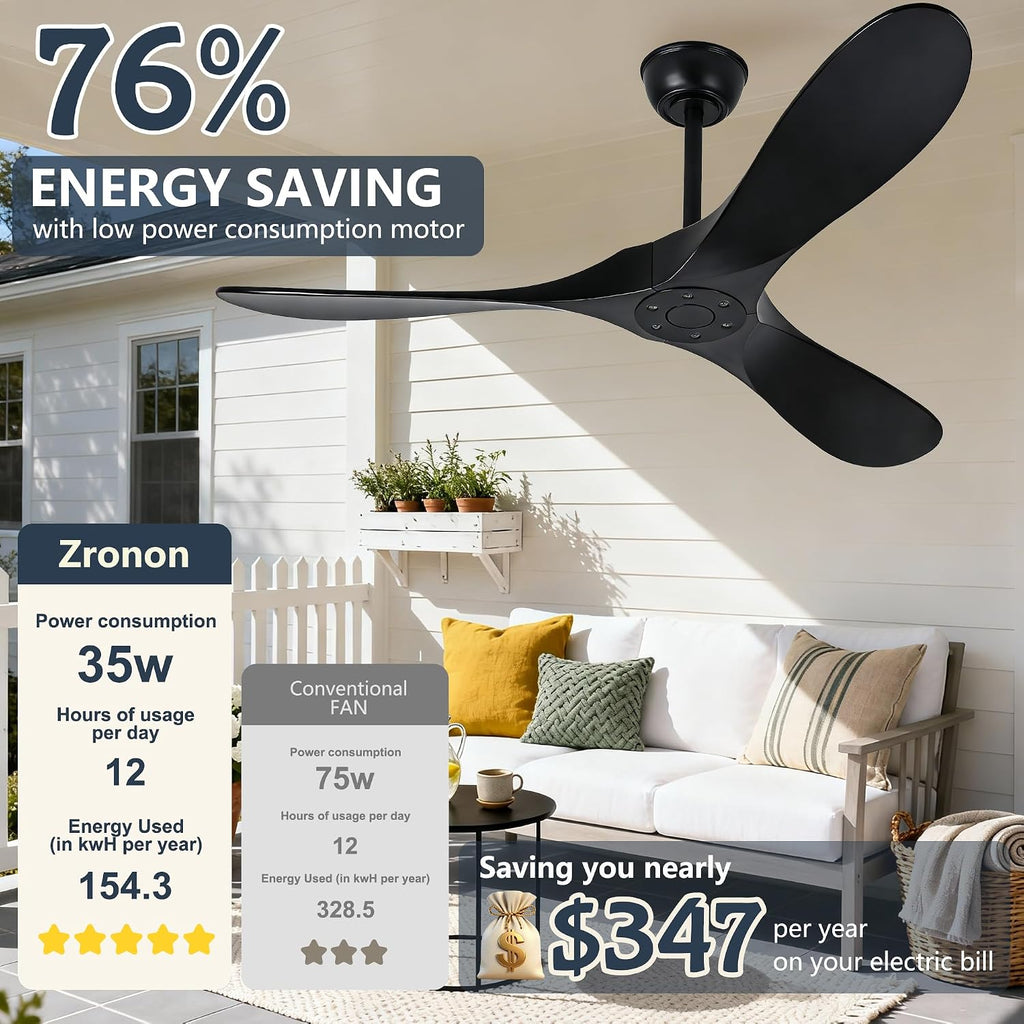 Inspired Maverick Style Solid Wood Black Ceiling Fan Without Light, 52 inch Walnut Ceiling Fan with 3 Wood Blades 6 Speeds Smart Timing Reversible DC Motor, Modern Fan for Indoor Outdoor Farmhouse/Patios A102-B0CMTK7D47