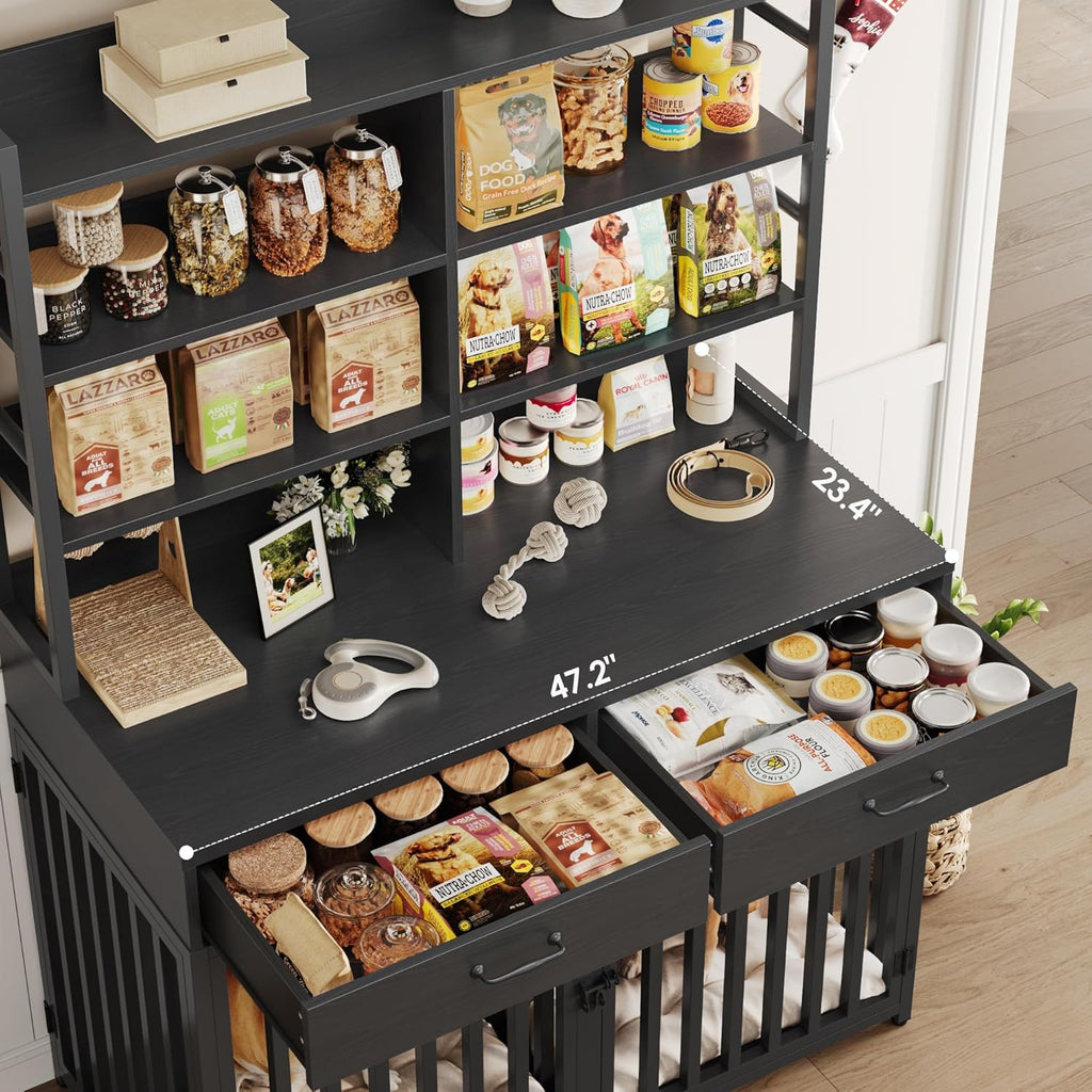 Large Dog Crate Furniture with 4-Tier Shelves and 2 Storage Drawers, Heavy Duty Dog Cage Furniture