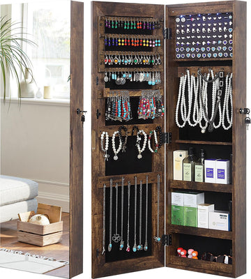 Full Length Mirror Jewelry Cabinet, 6 LEDs Jewelry Armoire Wall Mounted Over The Door Hanging, Jewelry Organizer
