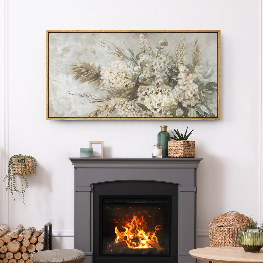 Extra Large Framed Canvas Print Wall Art Rustic Floral Bouquet Vintage Farmhouse Illustrations Modern Art Calm Warm