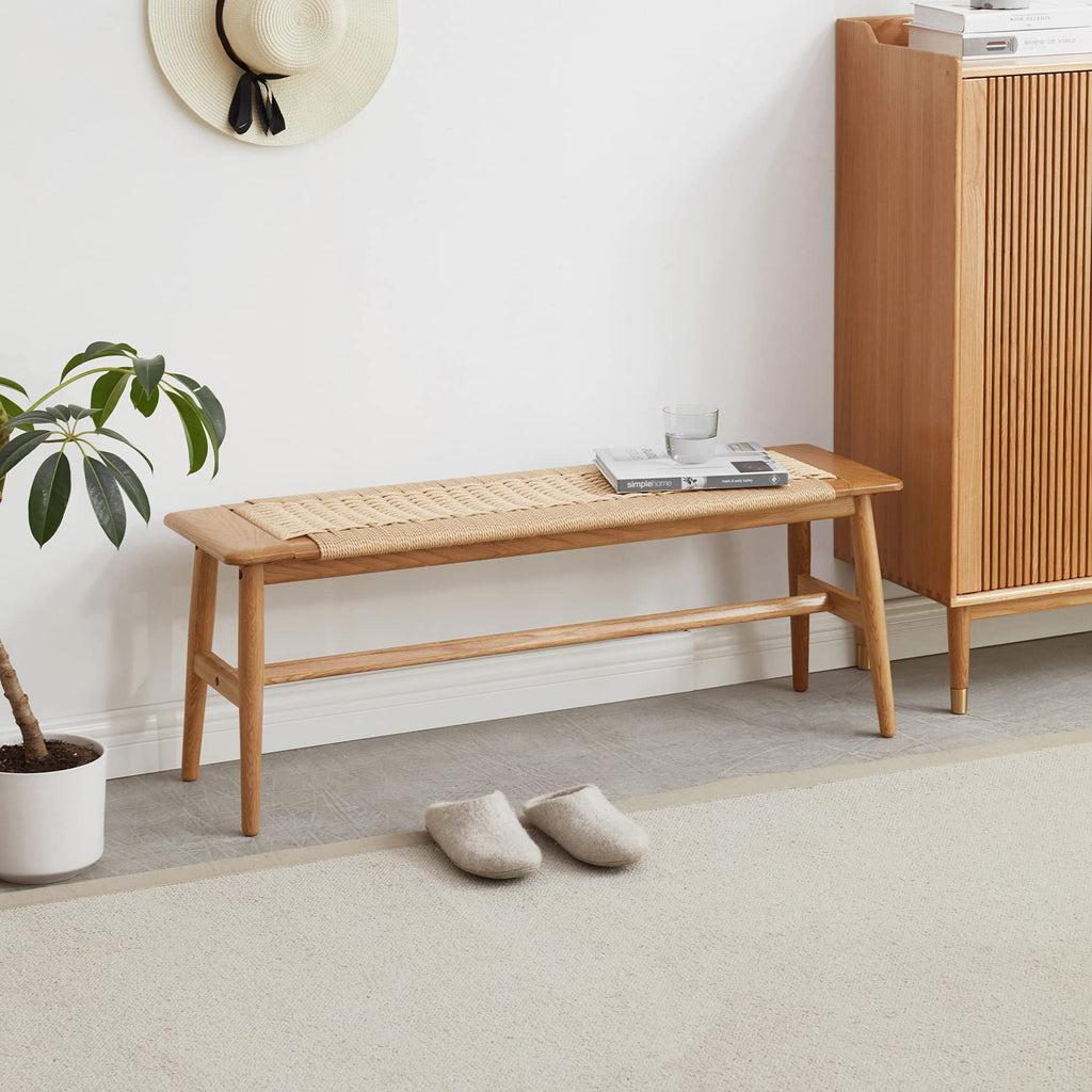 100% Solid Oak Wood Woven Dining Bench