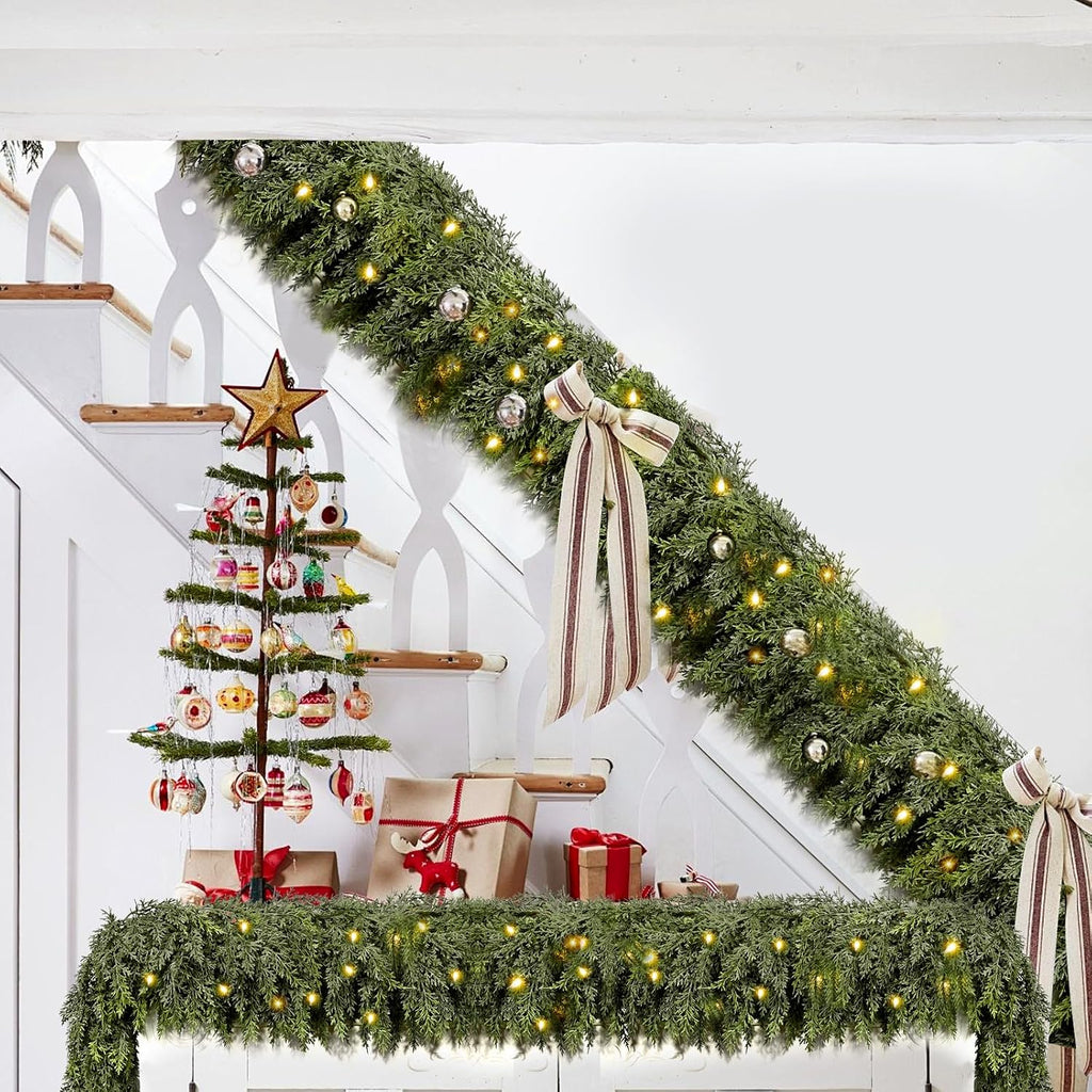 9FT Thick Christmas Cedar Garland with Lights, Layered Faux Greenery Decor