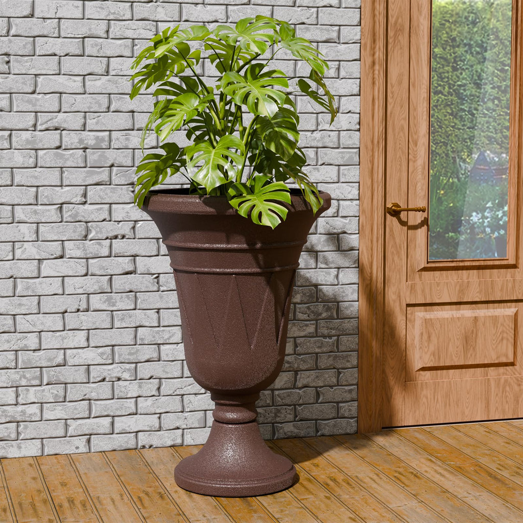 Tall Plastic Urn Planters and Pedestal - 24" Outdoor Planter Brown