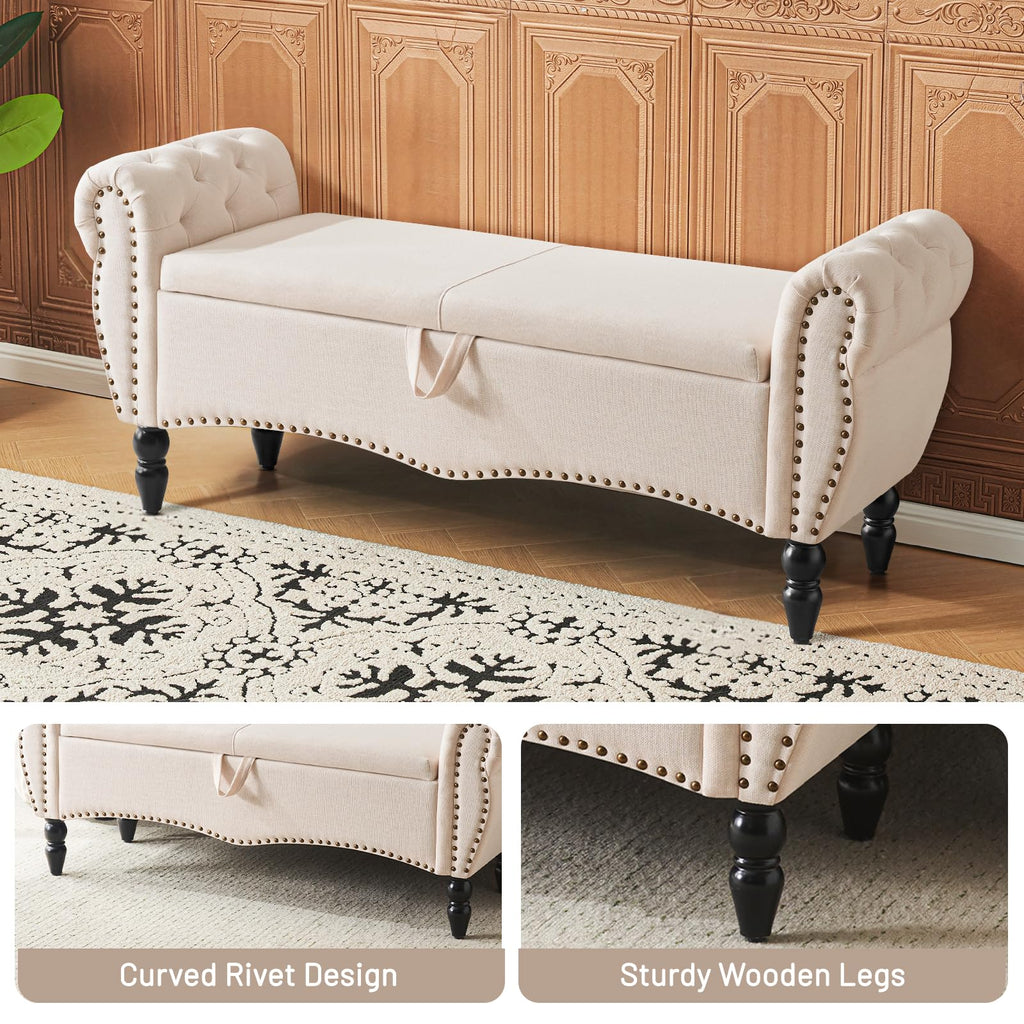 Storage Ottoman Bench, Upholstered End of Bed Bench with Solid Wood Legs Modern Shoe Storage Bench Indoor Bench