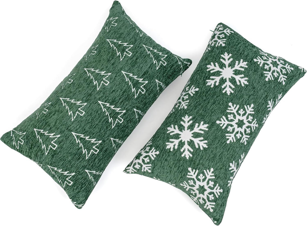 Soft Chenille Christmas Reversible Throw Pillow Covers 12x20, Holiday Double-Sided Snowflake & Tree Cushion - Set of 2