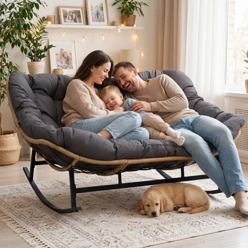 Double Wide Rocking Papasan Chair Outdoor Indoor for 2, PE Wicker Patio Rocking Chair with Cushion and Frame, Heavy