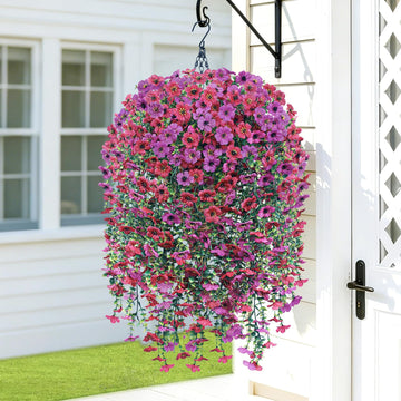 Artificial Hanging Flowers with Basket for Outdoor, 4pcs UV Resistant Silk Fake Daisy Flowers, Faux Flower Plants