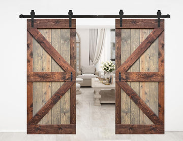 72in x 84in (36in x 84in x 2 Panels) Brown/Walnut Finished Solid Wood Double Sliding Barn Door with 