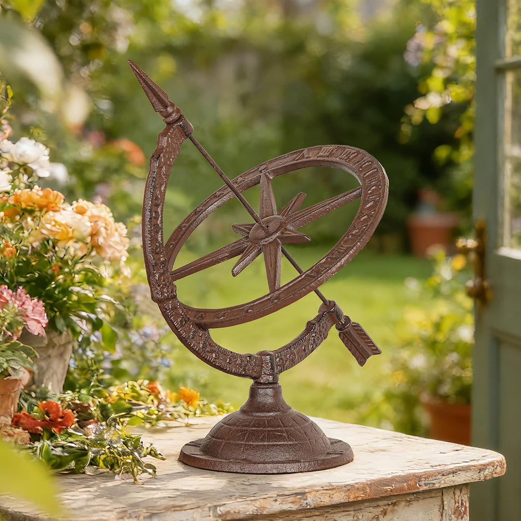 Vintage Cast Iron Armillary Sundial,14.3in Tall & Antique Brown