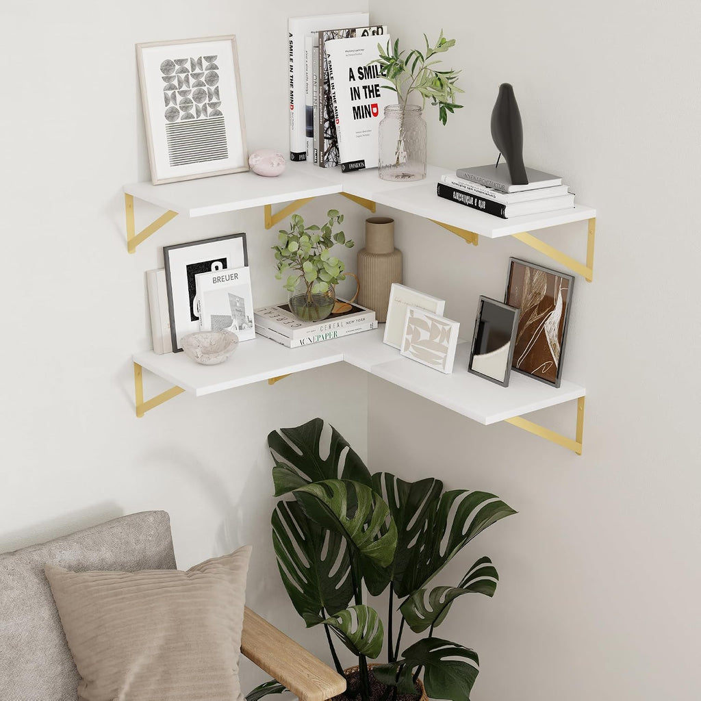 Deep Floating Shelves for Wall, 12 Inch Deep White and Gold Shelves Set of 2, 16W x 12D White Wood Wall Shelves with