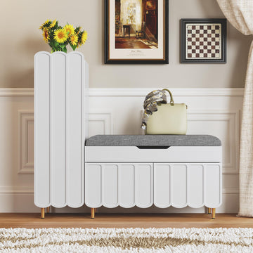L-Shaped Entryway Shoe Bench with Cushioned Seat, White