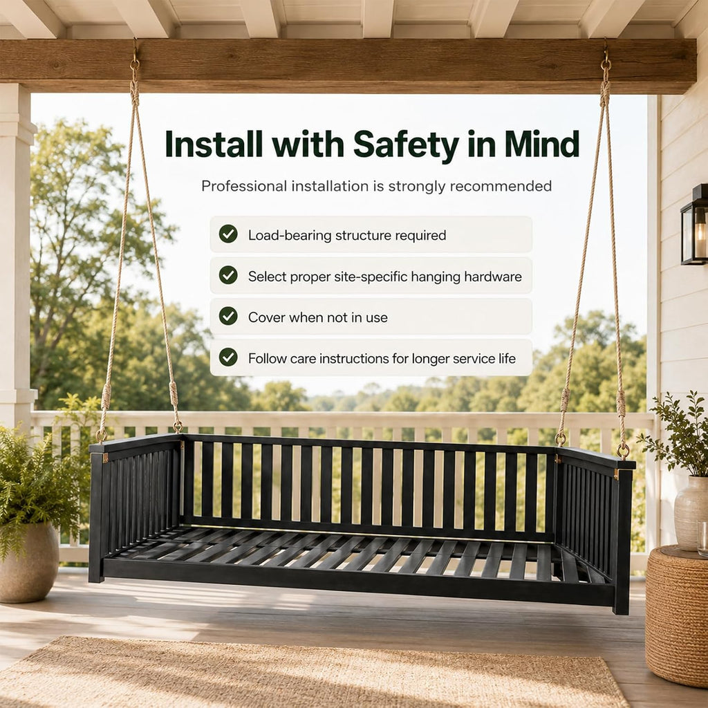 Outdoor Porch Swing Bed, Twin Size Acacia Wood Hanging Daybed with Hemp Ropes, Minimalist Patio Swing Bed for Garden