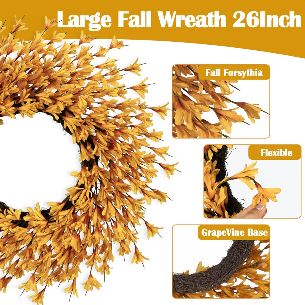 26 Inch Large Golden Yellow Fall Wreaths for Front Door, Fall Door Wreath