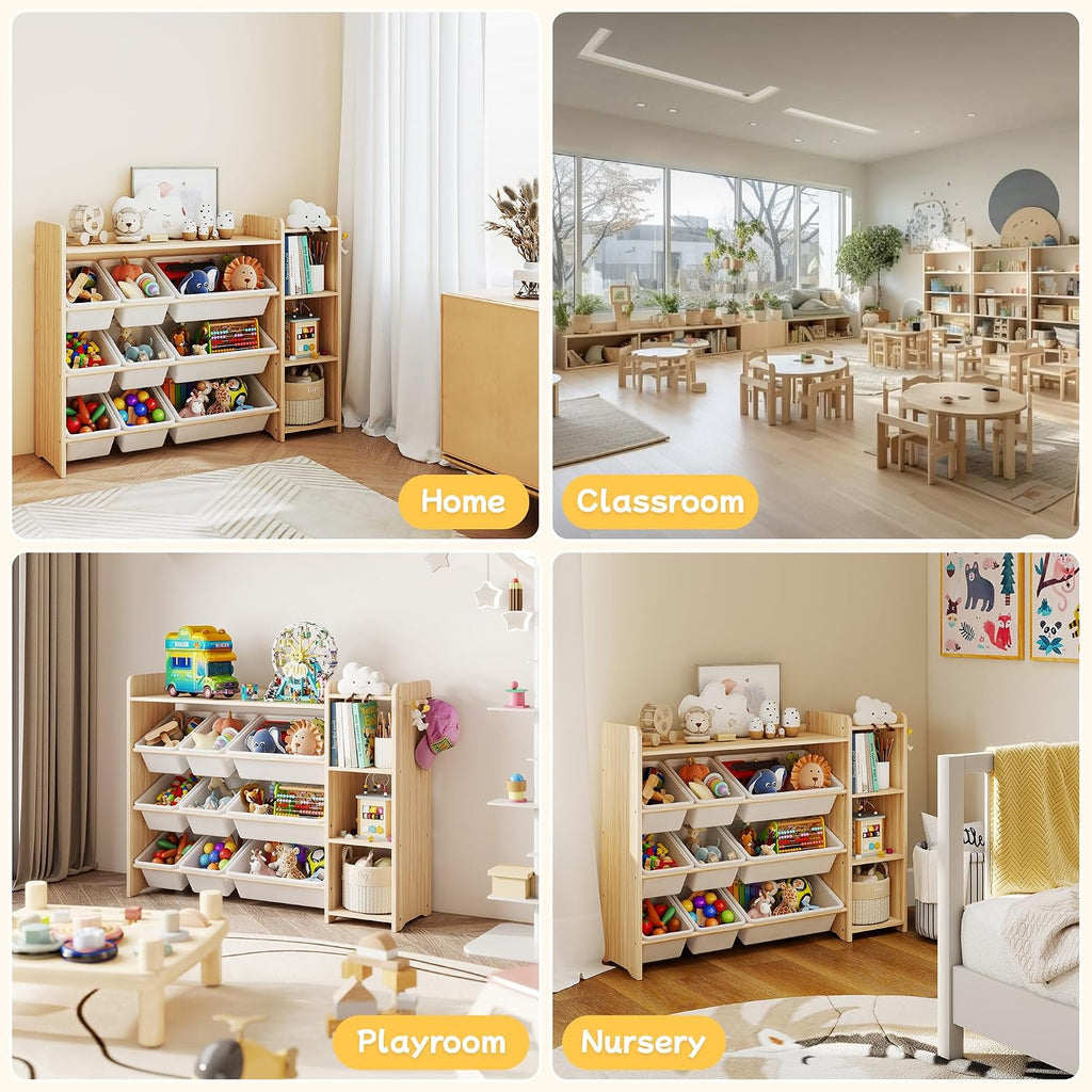 Kids Toy Storage Organizer, Wooden Shelf with 3 Tiers and 9 Storage Bins, Nursery Room Organizer for Books and Toys