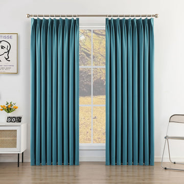 Teal Green Pinch Pleat Curtain 84" W x 96" L Solid Thermal Insulated 95% Blackout Extra Wide Patio Door Curtain Panel