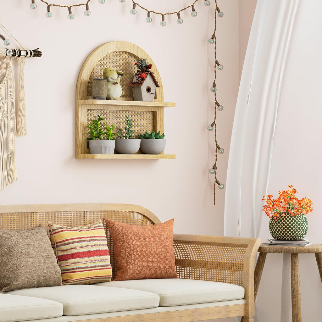 Wood Boho Rattan Wall Shelf - 2-Tier Arched Wicker Floating Shelf Natural Wood New Boho Shelf, Rustic Farmhouse