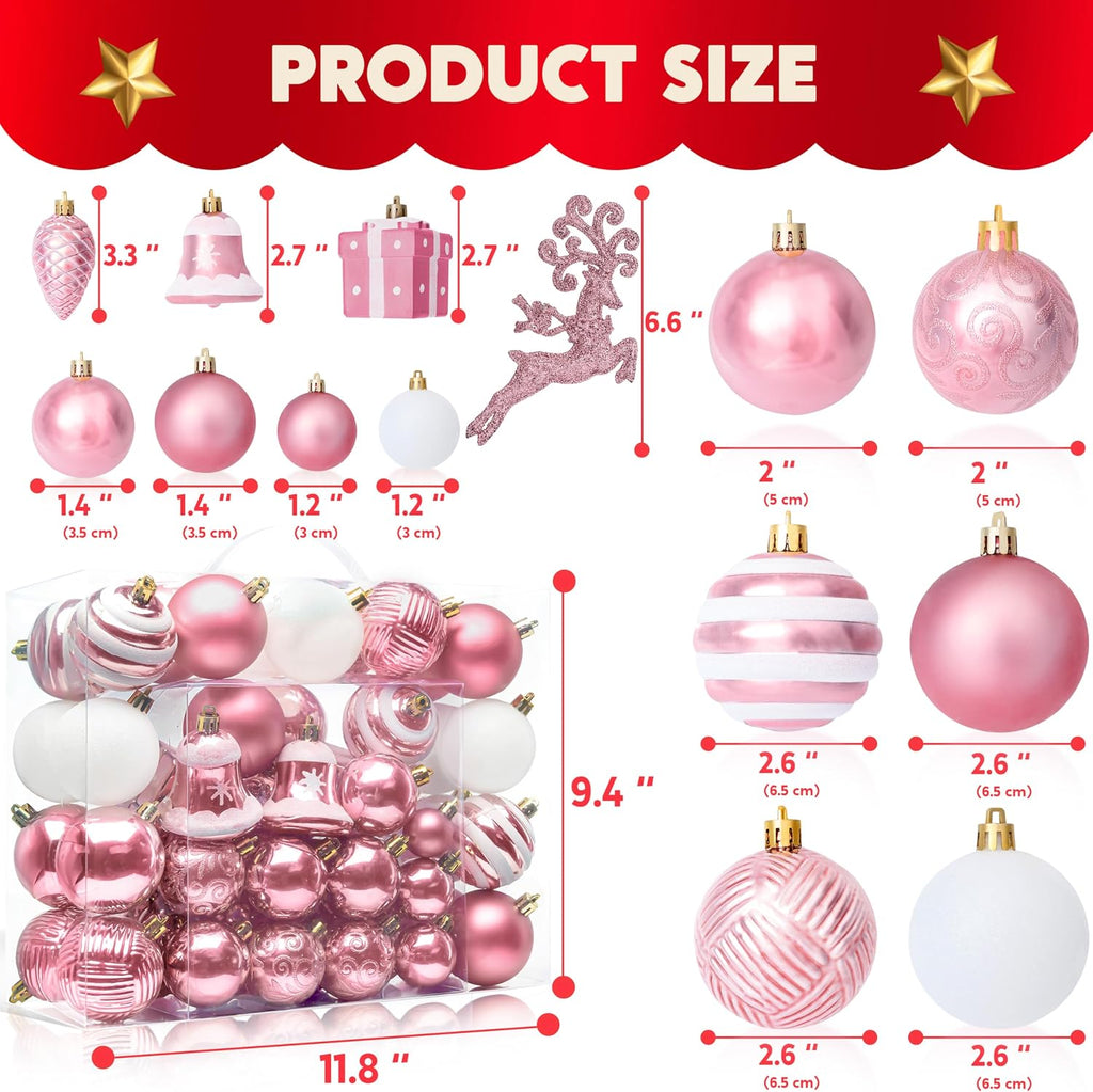 66 Pcs Pink Christmas Balls Ornaments Set, Christmas Tree Ornaments Shatterproof Plastic for Xmas Hanging Decoration