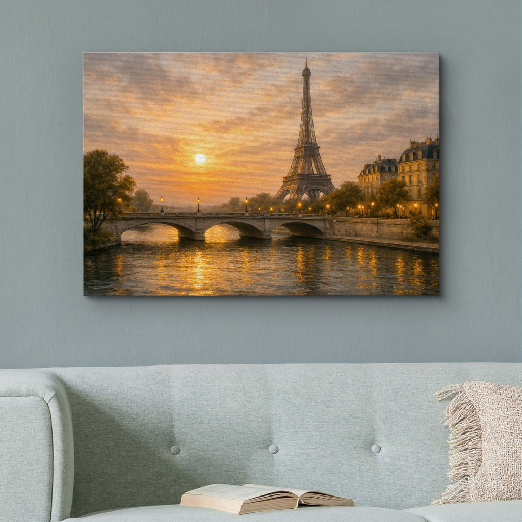Canvas Print Wall Paris Eiffel Tower Sunset over the Seine River Cityscape Photography Realism Chic Landscape