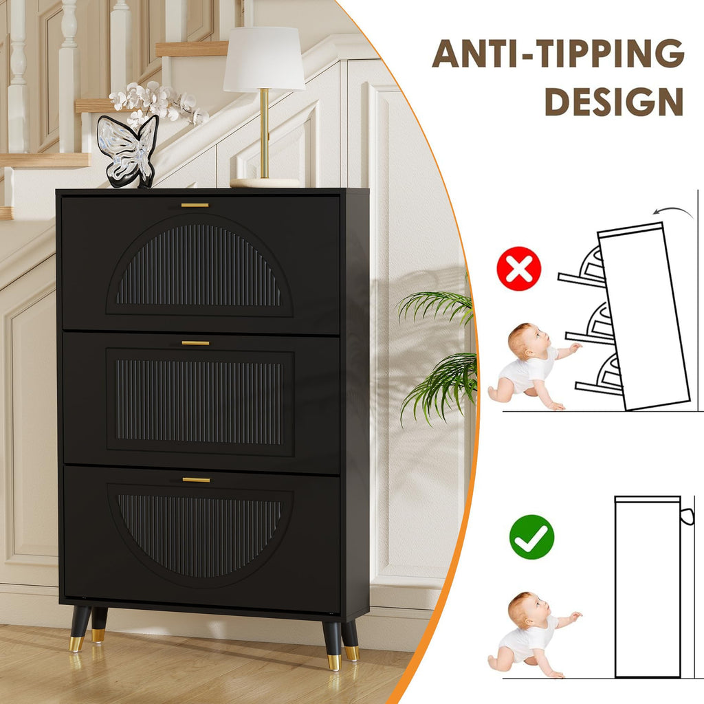 Black Narrow Shoe Cabinet Storage with 3 Flip Drawers