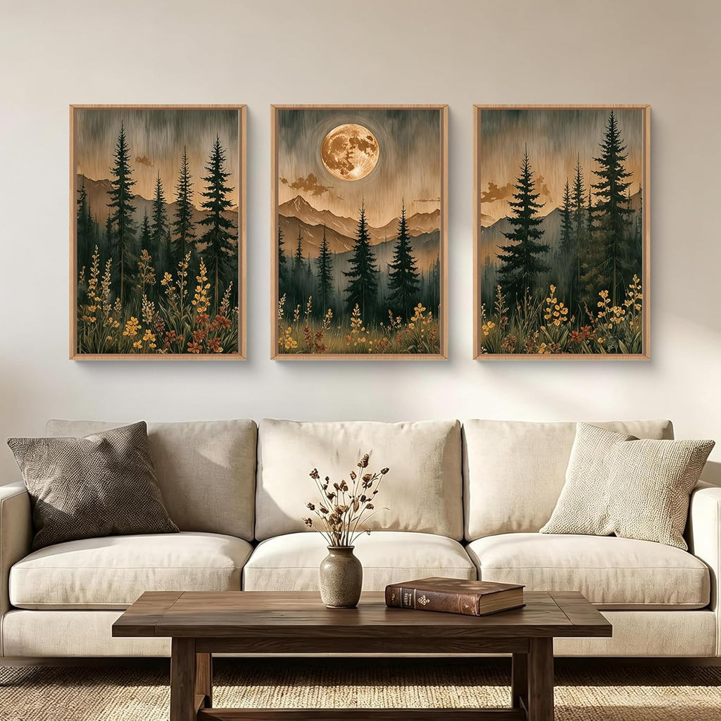 Vintage Boho Nature Moonlight Forest Mountain Framed Canvas Wall Art Set,Wilderness Dark Moon Woodland Floral