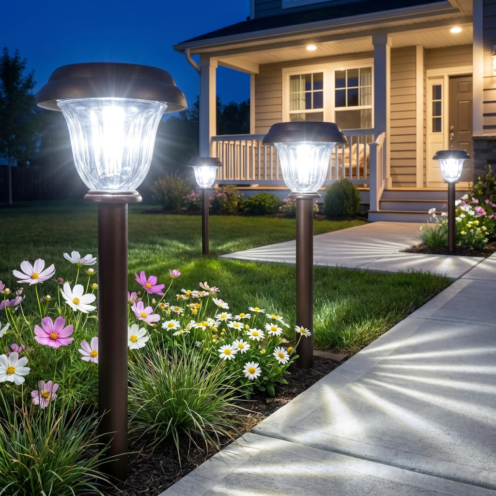 Solar Lights Outdoor, 6 Pack Brushed Stainless Steel Glass Solar Pathway Lights, Auto On/Off Long-Lasting Outdoor