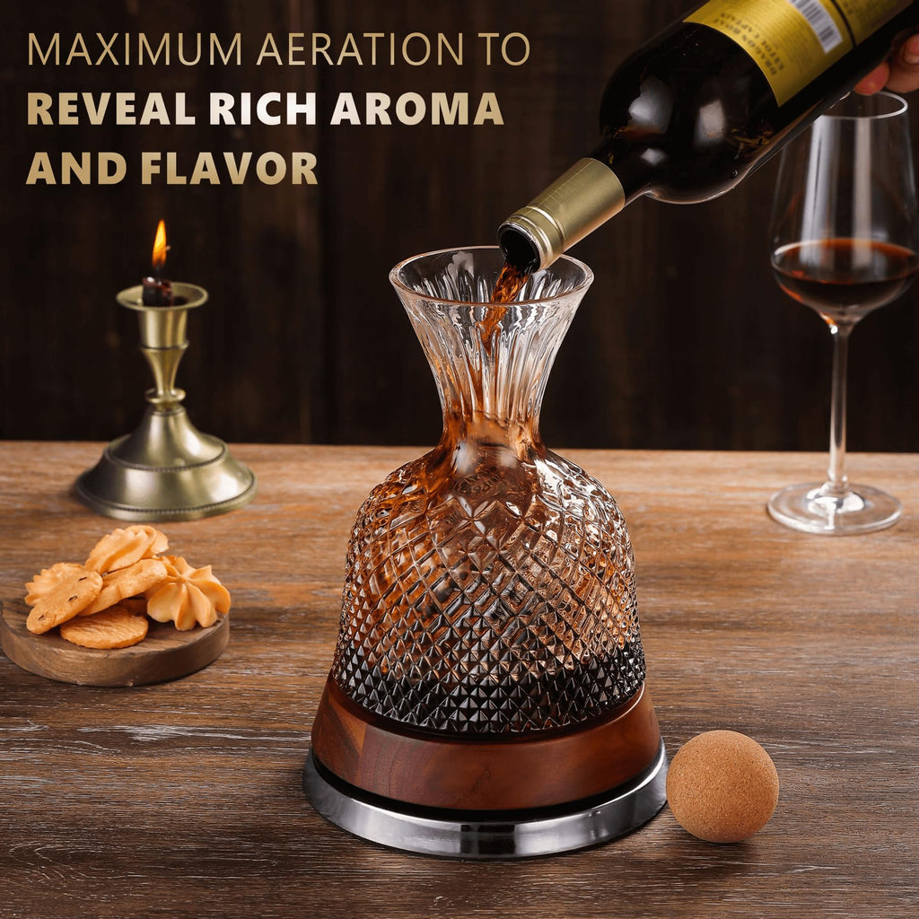 Rotating Wine Decanter Set with Solid Wood Base, Fun Crystal Glass Wine Carafe, Red Wine Decanter, Wine Accessories