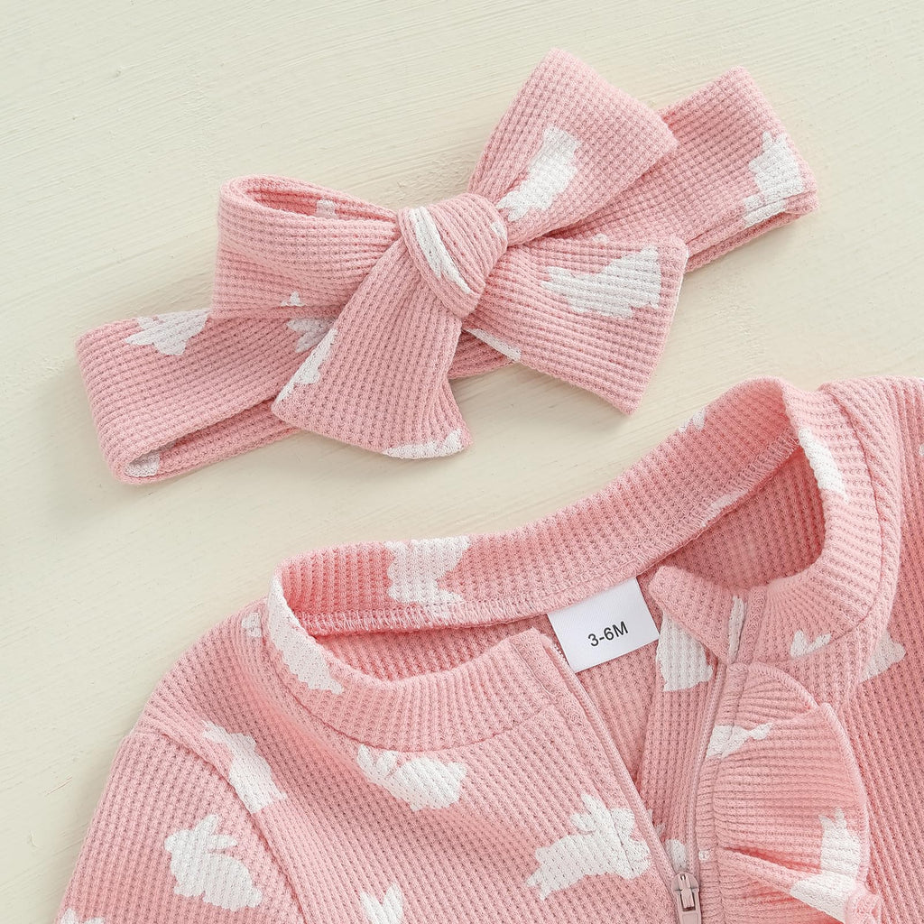 My First Easter Baby Girl Boy Outfit Footie Romper Waffle Knit Zipper Onesie Jumpsuit Newborn Easter Clothes (Pink