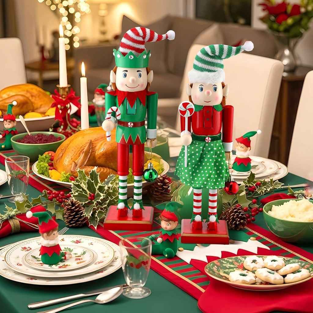 2 Pcs Christmas Nutcracker 14 Inch Wooden Elf Candy Cane Decor