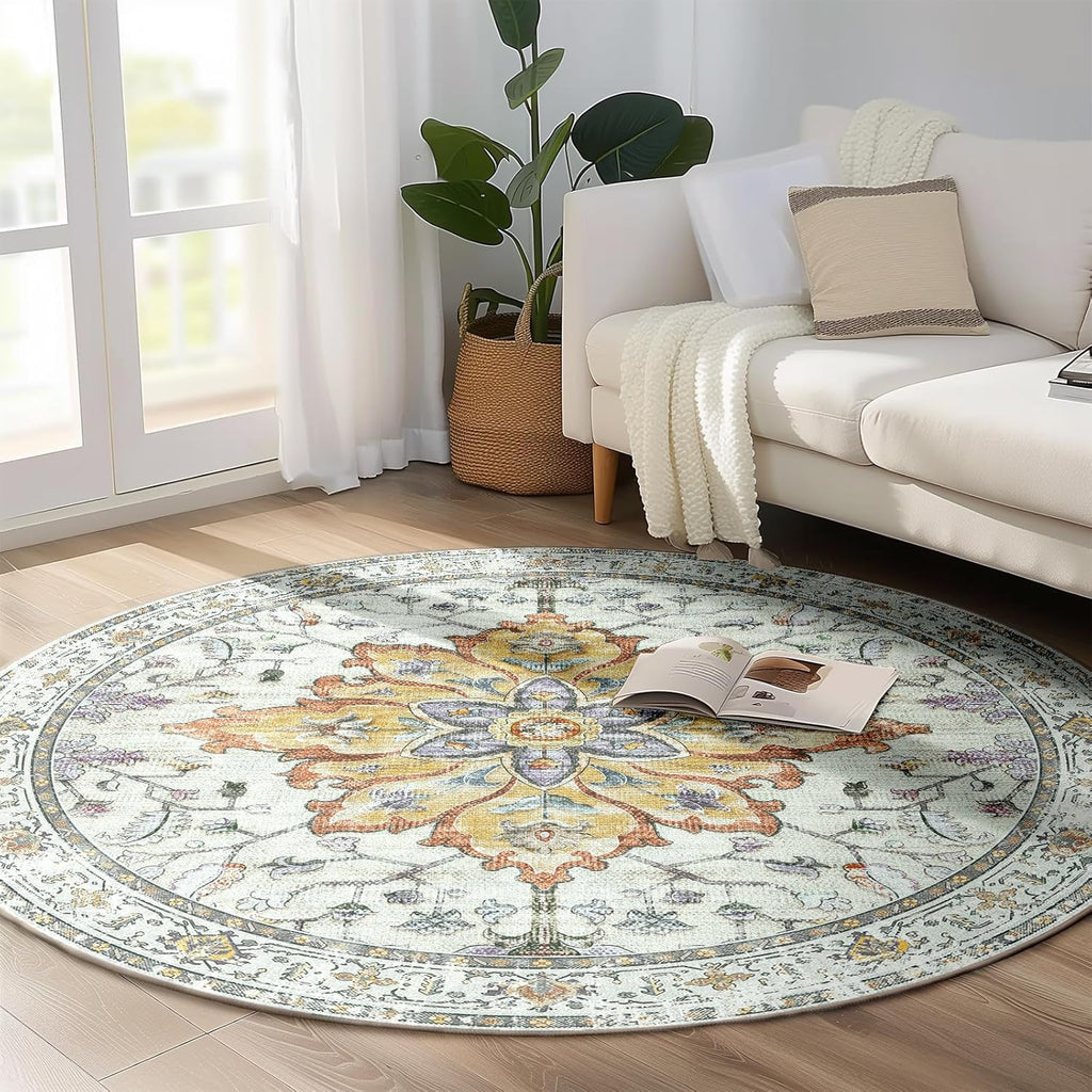 Area Rugs Washable Non-Slip, Floral Vintage Distress Print Pattern Medallion Carpet for Living Room Bedroom