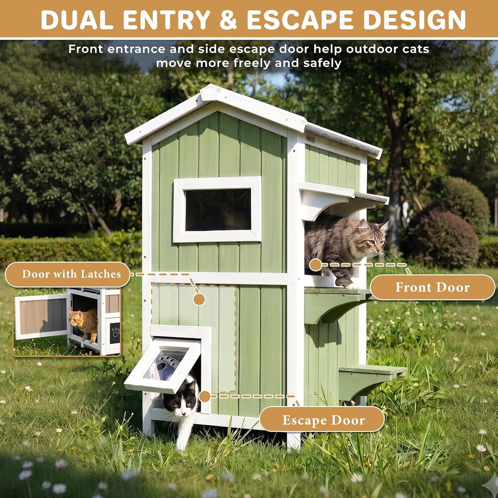 2-Story Weatherproof Wooden Outdoor Cat House