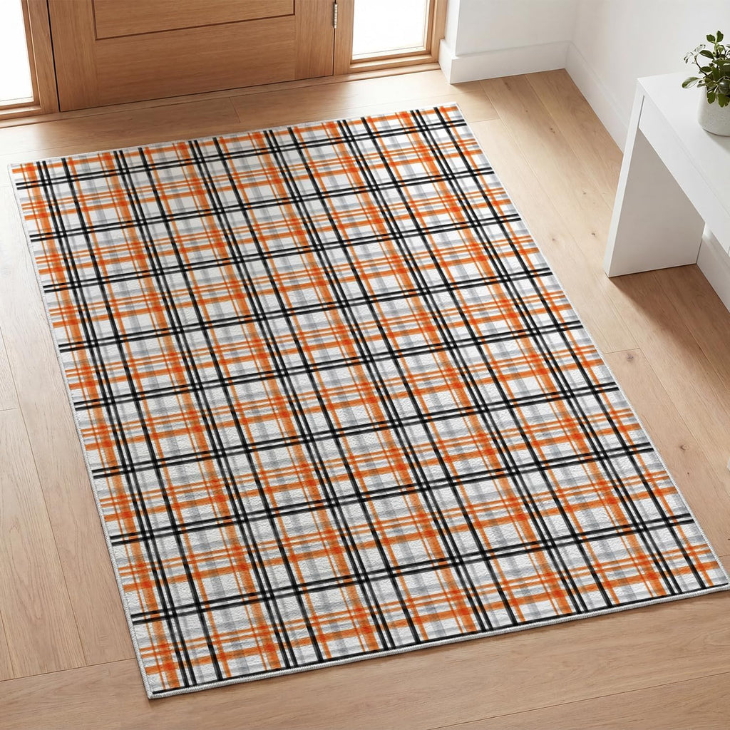 Orange Black Vintage Check Stripes Fall Area Rug