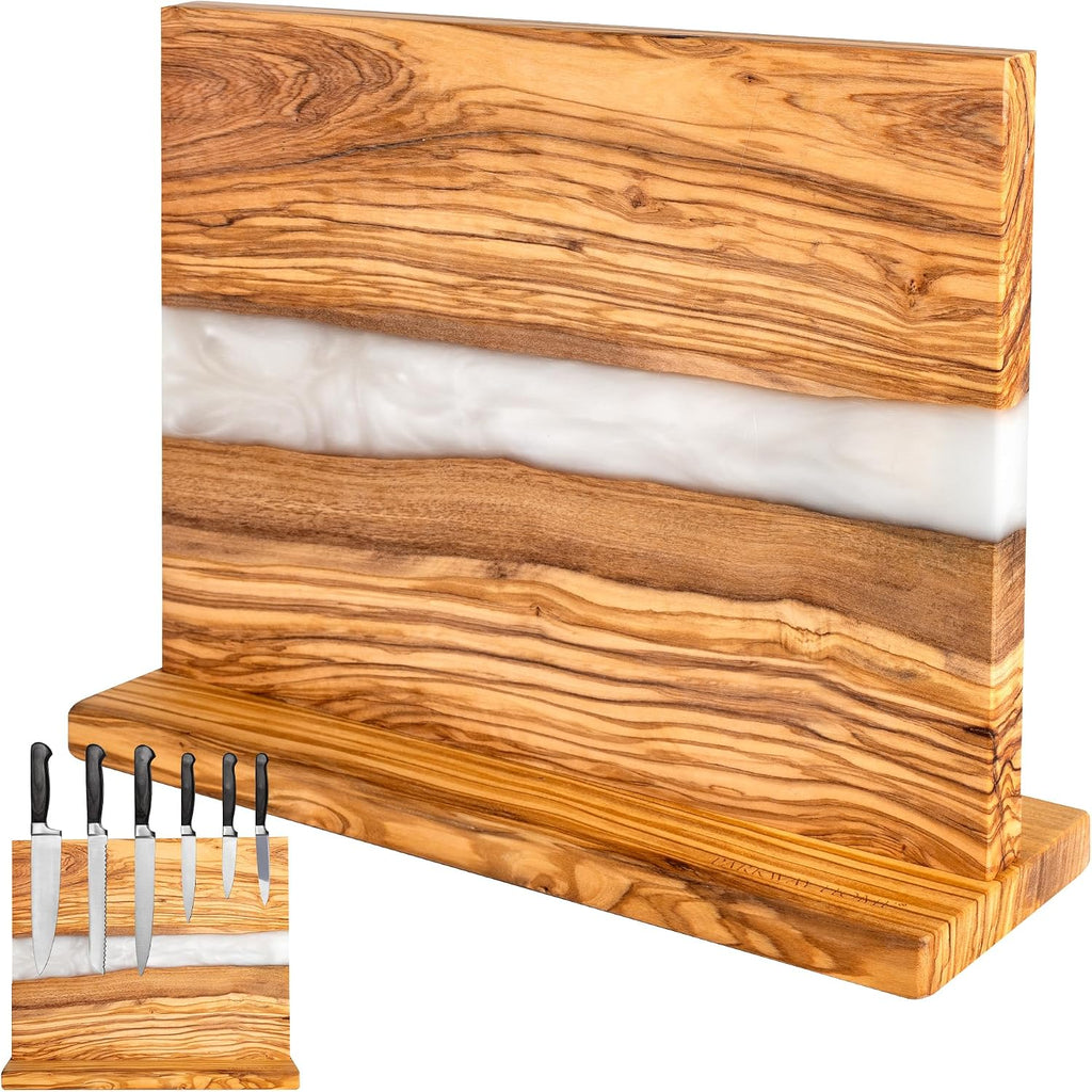 Magnetic Knife Block Stand - Italian Olive Wood Kitchen Knife Holder Rack with Resin Flow Design - Double Sided
