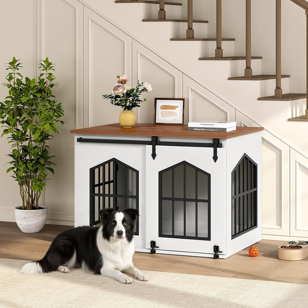 Dog Crate Furniture, Farmhouse Dog Kennel with Sliding Barn Door, Wooden Dog Cage for Small Medium Dogs