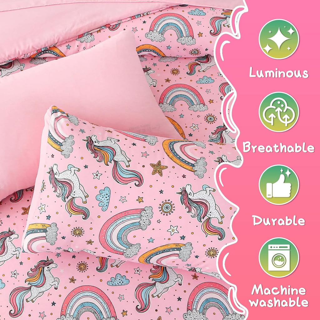 Glow in The Dark Kids Comforter Set, 3 Pieces Pink Unicorn Bedding Set Twin for Boys Girls Teen, 1 Comforter, 1