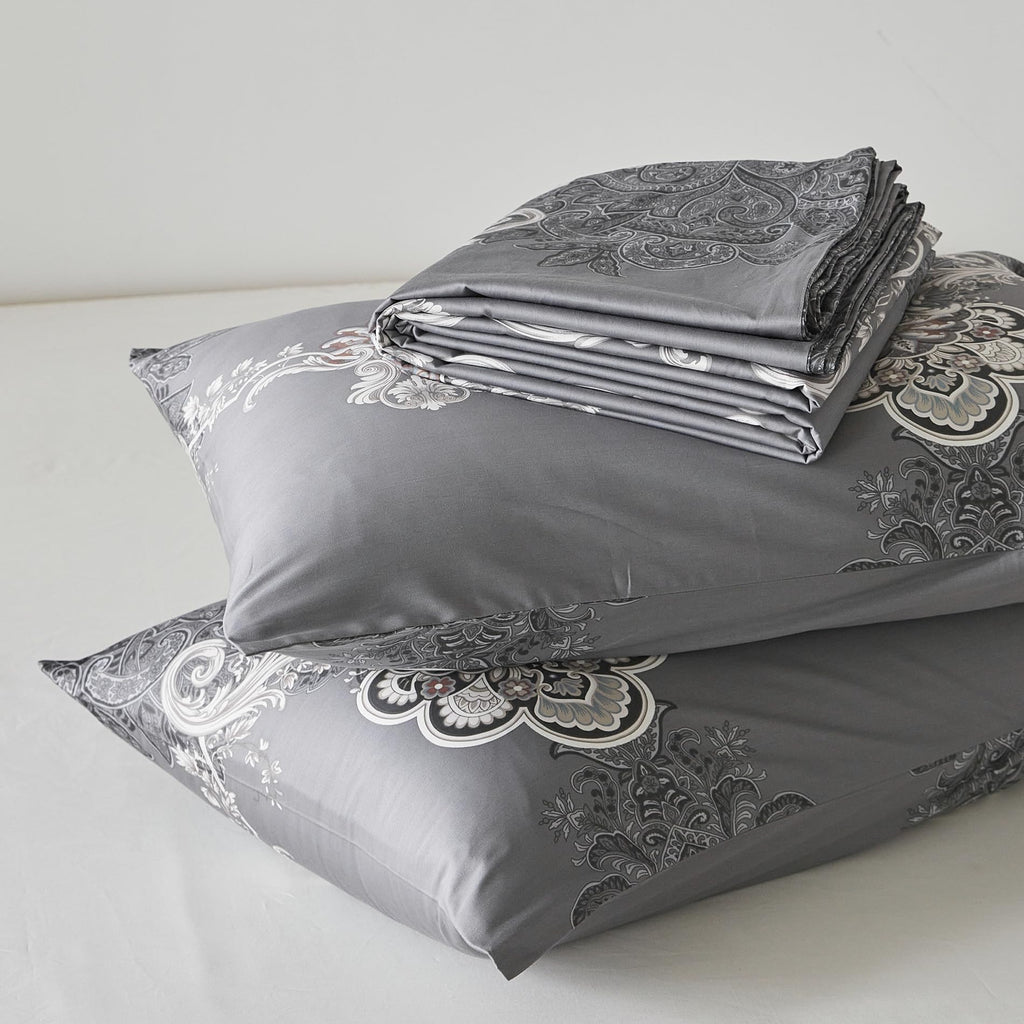 Grey Boho Damask Duvet Cover King 100% Egyptian Cotton 3 Pcs Set