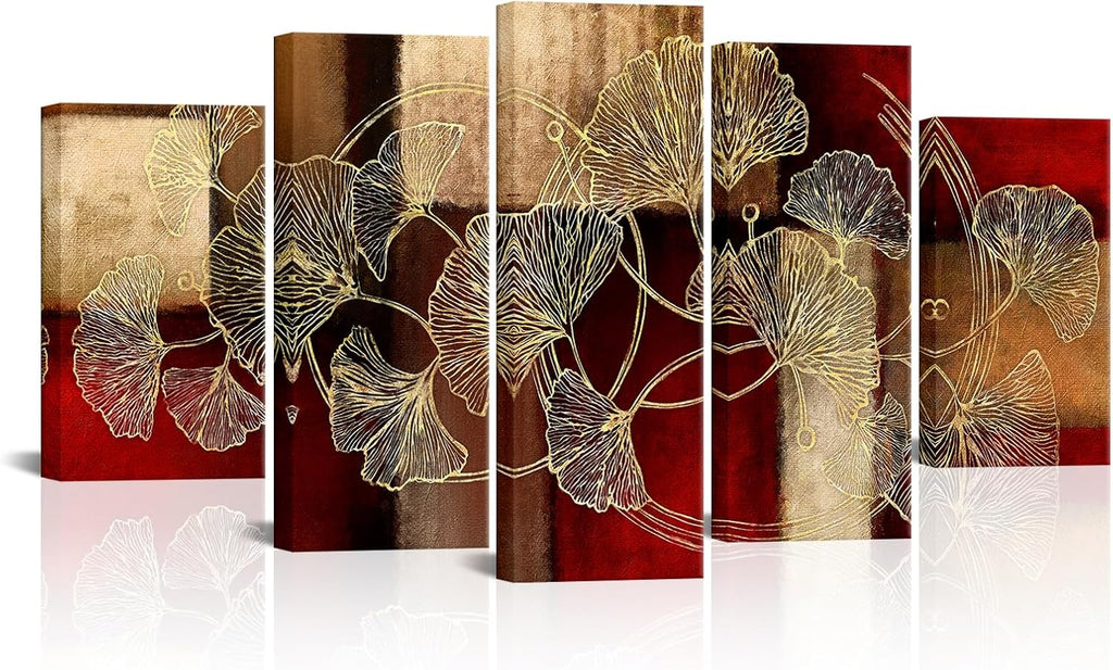 Large 5 Piece Abstract Canvas Wall Art Gold Ginkgo Leaf Paintings Prints Modern Burgundy and Brown Home Living Room