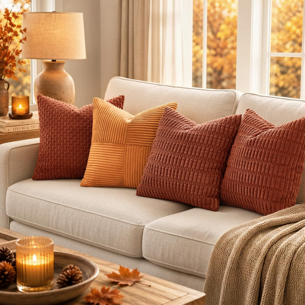 Fall Corduroy Decorative Throw Pillow Covers 16x16 Rust Pack of 2