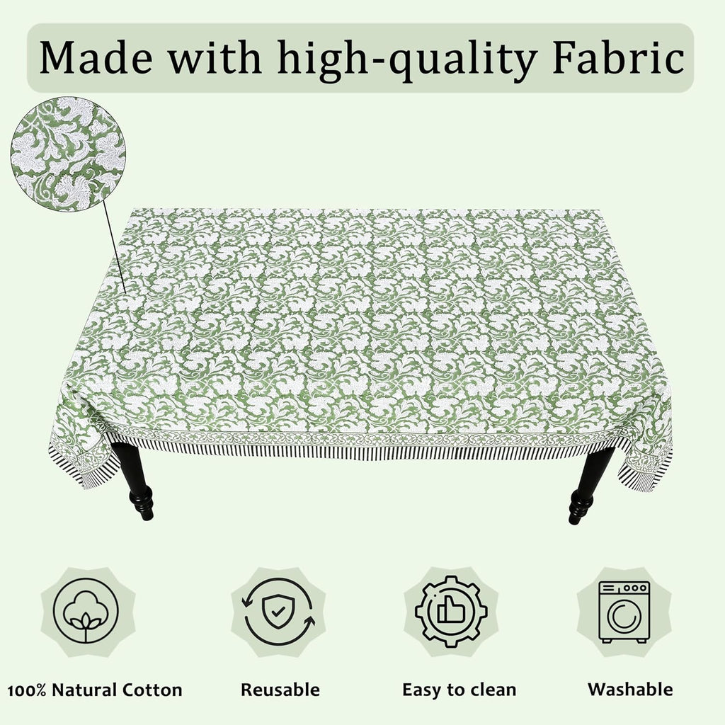 Sage Green 60x90 Inches Rectangle 100% Cotton Hand Block Print Tablecloth Washable Easter Thanksgiving/Christmas