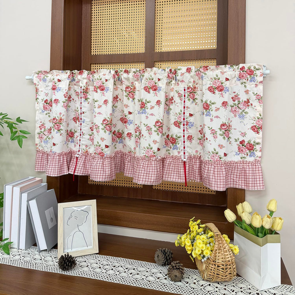 Country Rose Floral Valance Curtain Tie Up Gingham Ruffled Swag Rod Pocket