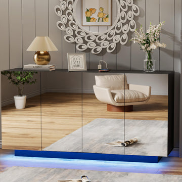 Buffet Cabinet Mirror with Storage Black Sideboard with Storage Coffee Bar with Lights & Charging Station Kitchen LED