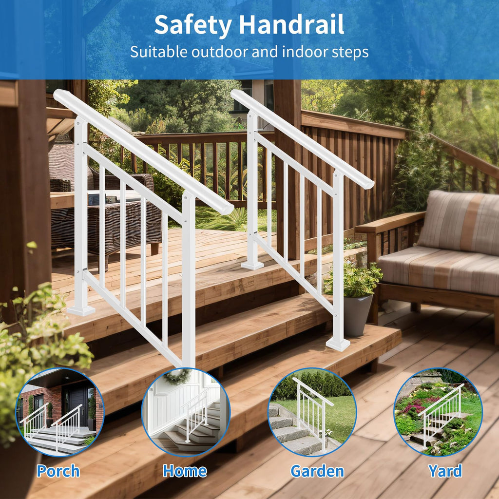 Upgrade White Adjustable 5 Steps Handrail, 65"x38" Stair Railing Kit