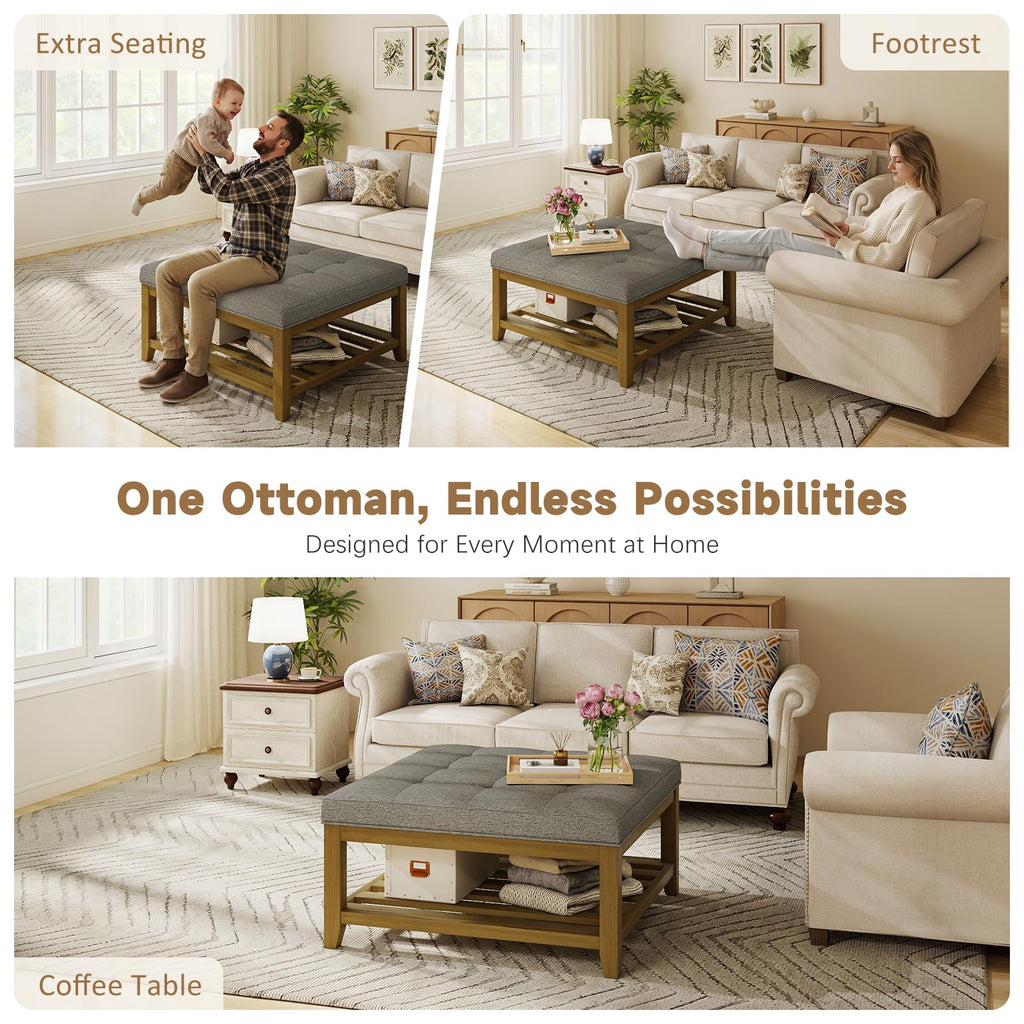 Ottoman with Storage Bench, Linen Ottoman Coffee Table, Granite