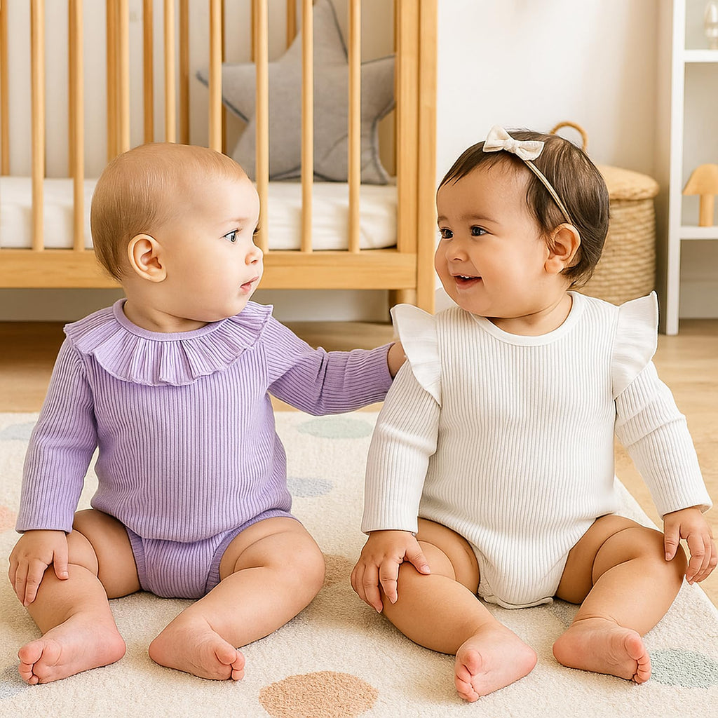 Baby Girl Bodysuit 2 Pack, Long Sleeve Ribbed Knitted Onsies Ruffle Collar and Flutter Sleeve Fall Winter