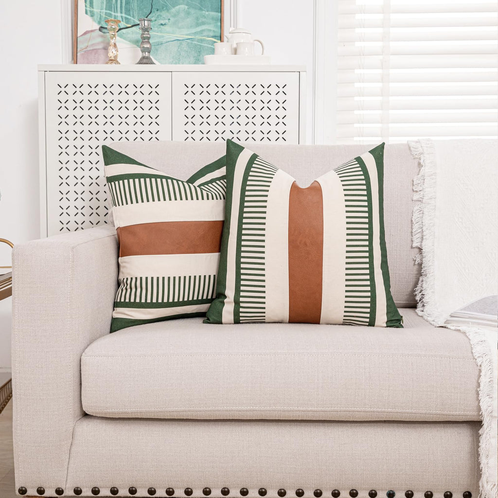 Decorative Farmhouse Throw Pillow Covers 18x18 Accent Faux Leather Pillowcase Rustic Boho Decor, Olive Green and Beige