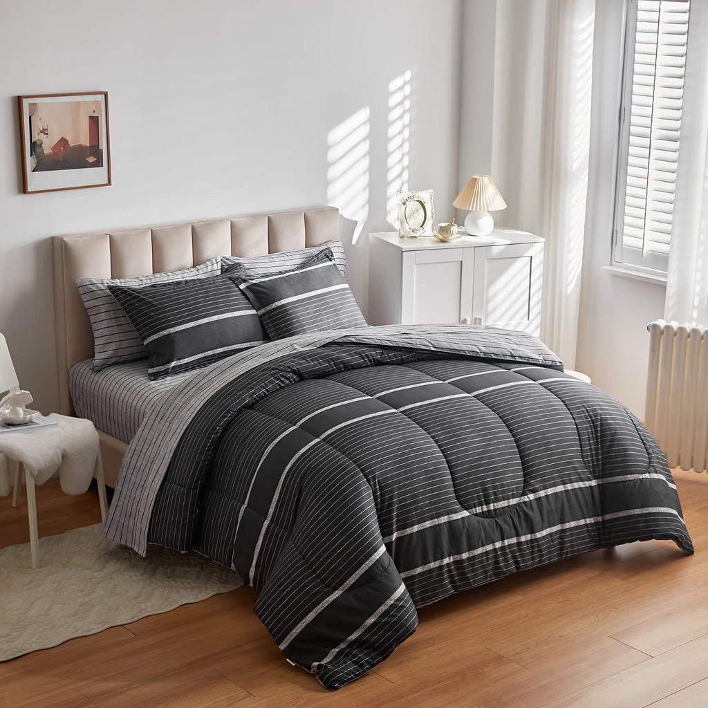 3 Pcs Boho Striped Comforter Set Full Full/Queen Size, White Striped on Black Dark Grey Soft Microfiber Reversible